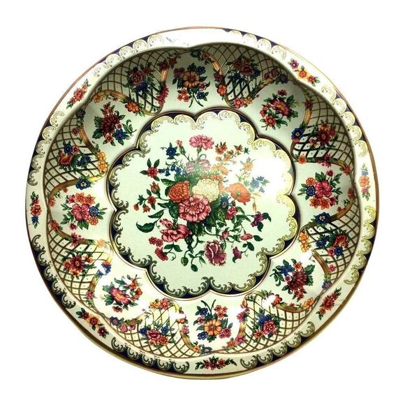 Daher England Serving Fruit Bowl Decorated Ware Tin Floral Gold Vintage 1971 - Picture 1 of 9